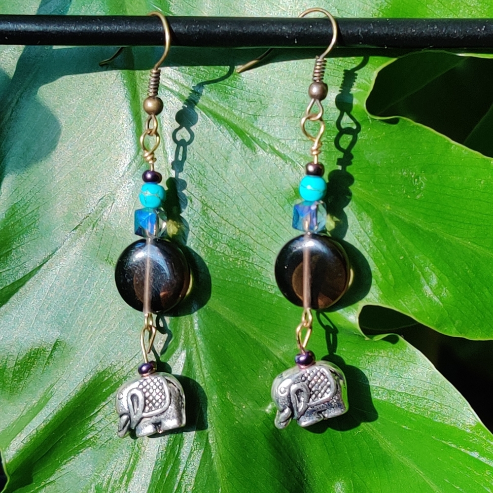 Smokey Quartz, Elephant Charm, Dyed Howlite Earrings - Picture 5 of 16